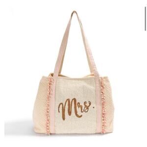 Shirdee Mrs. Canvas‎ Tan Tote Shoulder Bag Beaded Seed Beads Pom Pom Trim Cotton